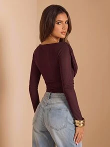 SHEIN BAE Women's Solid Color Cowl Neck Long Sleeve Bodysuit - Purple - View 2