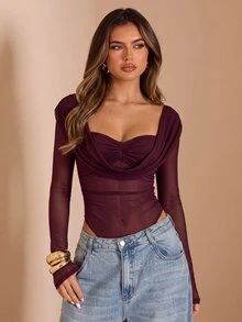 SHEIN BAE Women's Solid Color Cowl Neck Long Sleeve Bodysuit - Purple - View 1
