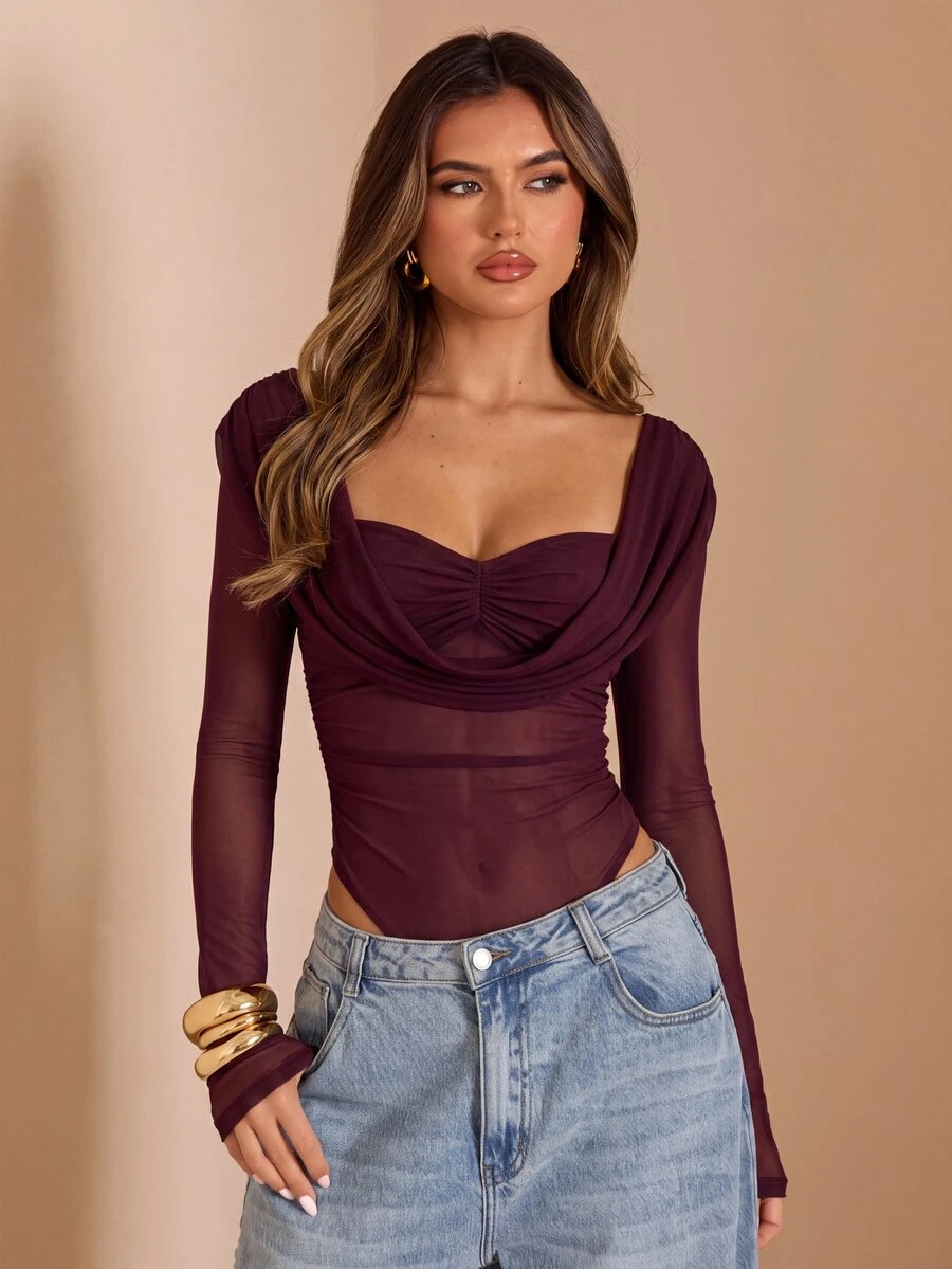 SHEIN BAE Women's Solid Color Cowl Neck Long Sleeve Bodysuit - Purple - View 1