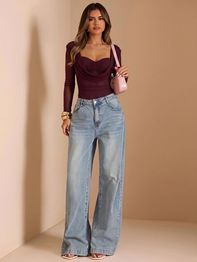 SHEIN BAE Women's Solid Color Cowl Neck Long Sleeve Bodysuit