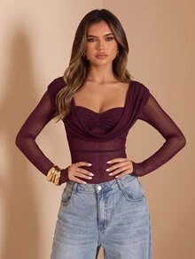 SHEIN BAE Women's Solid Color Cowl Neck Long Sleeve Bodysuit - Purple - View 3