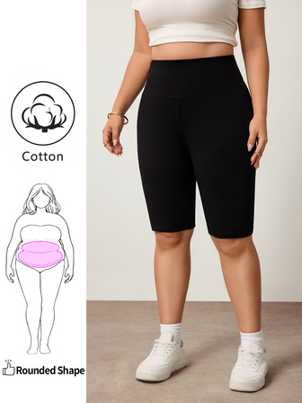 Enliva Plus-Size Solid Color High-Waisted Casual Leggings, 95% Cotton, Stretch Five-Quarter Length, Slim-Fit Cycling Shorts.