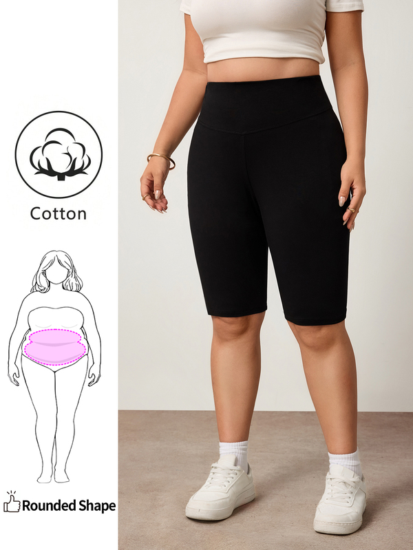 Enliva Casualowe legginsy plus size w jednolitym kolorze z wysokim stanem, 95% bawełny, rozciągliwe, długość 5/4, dopasowane szorty rowerowe