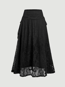 SHEIN MOD Women's Lace Patchwork Casual Versatile Daily Skirt - Black - View 4