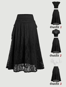 SHEIN MOD Women's Lace Patchwork Casual Versatile Daily Skirt - Black - View 2