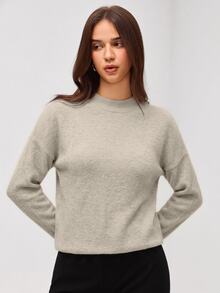 SHEIN Orluneo Women Casual Loose Drop Shoulder Solid Color Sweater, Suitable For Autumn/Winter, Long Sleeve Top Knit Pullover Fall - Apricot - View 2