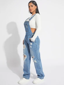SHEIN SXY Ripped Denim Overalls Without Top - Light Wash - View 4