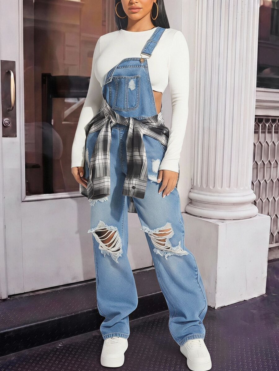 SHEIN SXY Ripped Denim Overalls Without Top - Light Wash - View 1