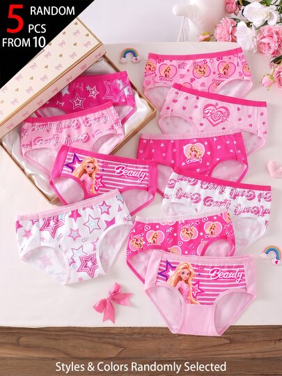 SHEIN 5pcs Random Blind Box Girls Toddler Underwear, Pretty Girl Print Combination Series With Bows, Snowflakes, Hearts And Other Cute Elements, Pink, Magenta, White Color Combination, Soft And Smooth Texture, Made Of Knitted Fabric, High Elasticity Underwear Set, Suitable For All Seasons Lightweight Clothing