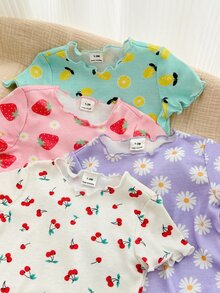 SHEIN 4件套新生女婴可爱针织卡通兔子和花朵图案短袖连体衣，夏季 - 彩色 - 查看 4
