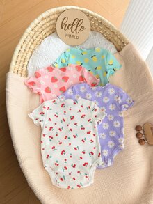 SHEIN 4件套新生女婴可爱针织卡通兔子和花朵图案短袖连体衣，夏季 - 彩色 - 查看 2