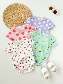 SHEIN 4件套新生女婴可爱针织卡通兔子和花朵图案短袖连体衣，夏季 - 彩色 - 查看 7