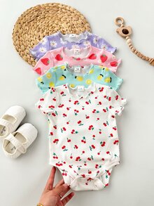 SHEIN 4件套新生女婴可爱针织卡通兔子和花朵图案短袖连体衣，夏季 - 彩色 - 查看 3