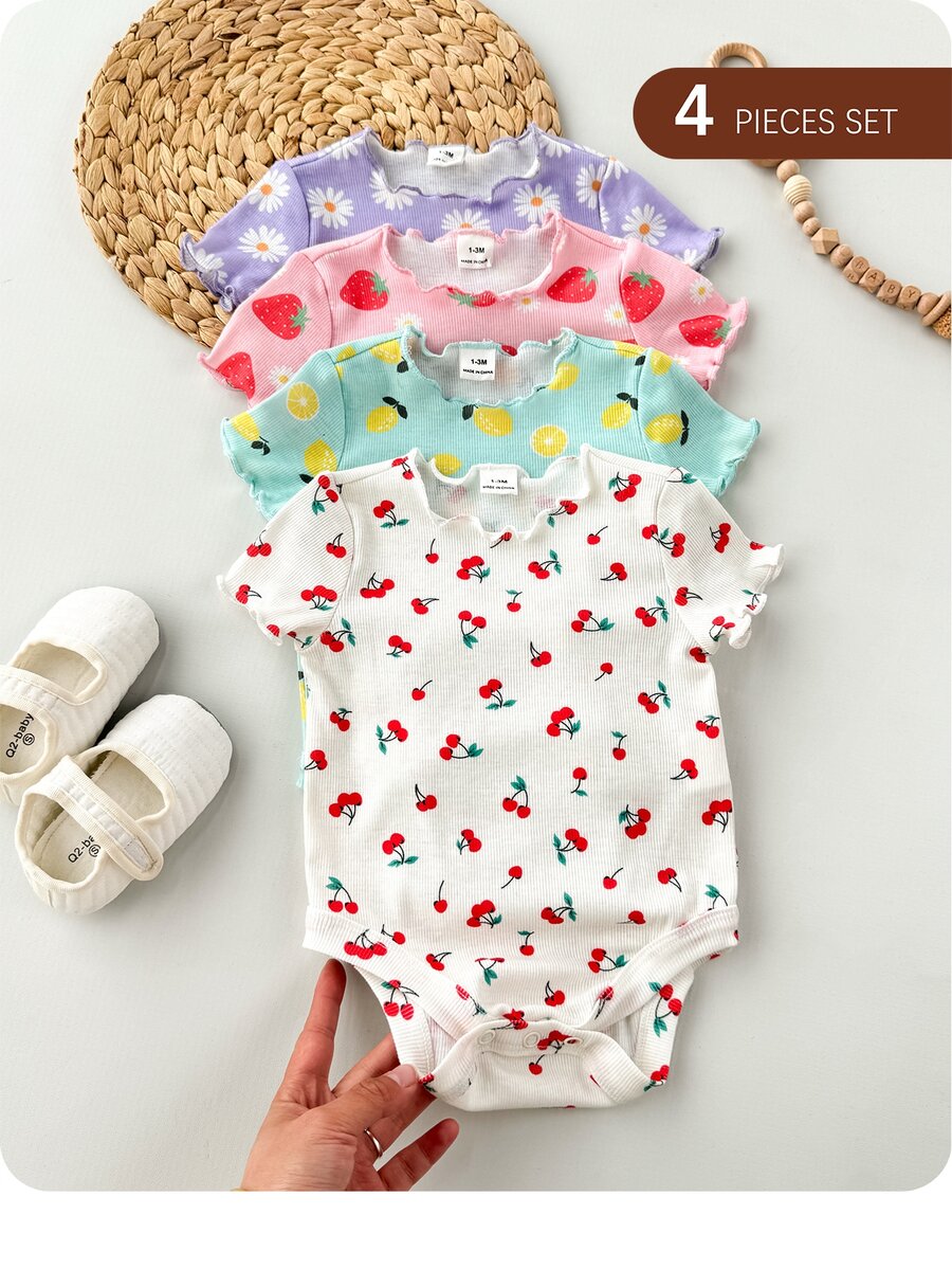 SHEIN 4件套新生女婴可爱针织卡通兔子和花朵图案短袖连体衣,夏季 - 彩色 - 查看 1