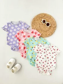SHEIN 4件套新生女婴可爱针织卡通兔子和花朵图案短袖连体衣，夏季 - 彩色 - 查看 6
