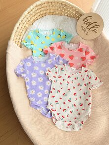 SHEIN 4件套新生女婴可爱针织卡通兔子和花朵图案短袖连体衣，夏季 - 彩色 - 查看 8