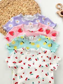 SHEIN 4件套新生女婴可爱针织卡通兔子和花朵图案短袖连体衣，夏季 - 彩色 - 查看 9