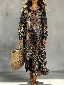 Linhara CURVE Plus Size Woven Printed Elegant Autumn Women's Dress Fall - Brown - View 6