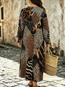 Linhara CURVE Plus Size Woven Printed Elegant Autumn Women's Dress Fall - Brown - View 2