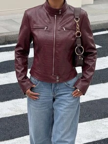 Muchica 女款秋冬酒紅色PU皮革拉鍊休閒百搭長袖夾克，適合外出、街頭風、Y2K - 酒紅色 - 查看 6