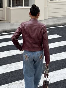 Muchica 女款秋冬酒紅色PU皮革拉鍊休閒百搭長袖夾克，適合外出、街頭風、Y2K - 酒紅色 - 查看 2