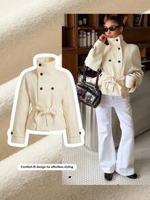 Muchica Mantel Beige Berikat Pinggang, Mode Musim Gugur/Dingin - Aprikot - View 7