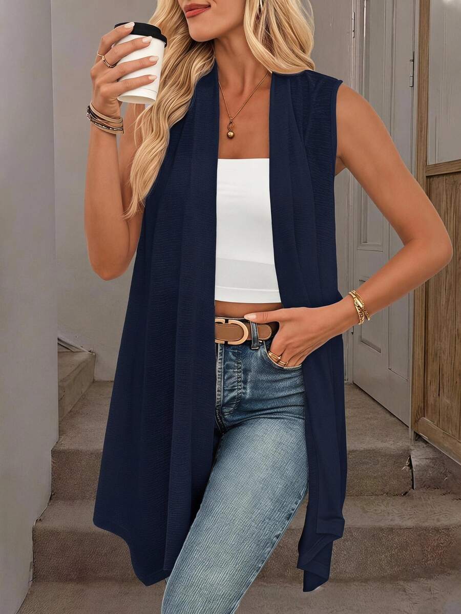 Easowa Sleeveless Open Front Solid Color Asymmetric Hem Vest Top Office Outfits For Women Navy Blue Autumn Casual - Navy Blue - View 1