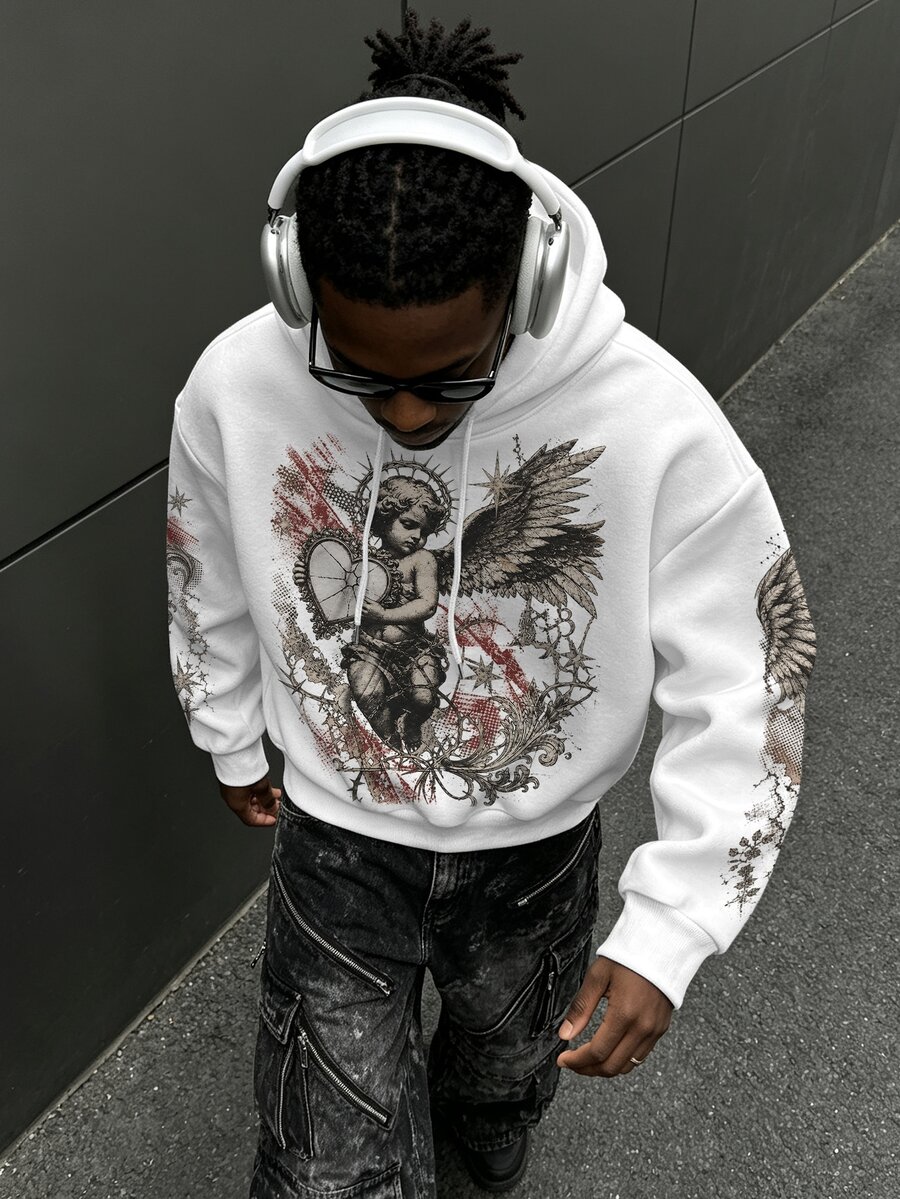ROMWE MEN Street Life Men's Little Angel Heart Print Loose Streetwear Pullover Sweatshirt Pullover - Black and White - View 1