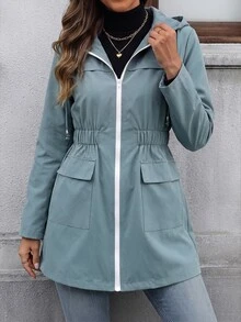 EMERY ROSE Jaket Wanita Panjang Sedang dengan Kantong Ritsleting Warna Kontras dan Pinggang Ramping untuk Musim Gugur/Dingin, Mendaki, Perjalanan, Liburan di Puerto Rico, Abu-abu, Kasual Sehari-hari - Hijau - View 3