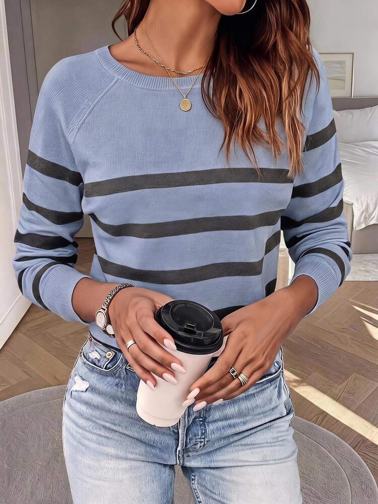 Easowa Blue Striped Striped Striped Pattern Raglan Sleeve Sweater Brunch Autumn Casual French Everyday Day Time Everyday Holiday Everyday Holiday Brunch - Dusty Blue - View 1