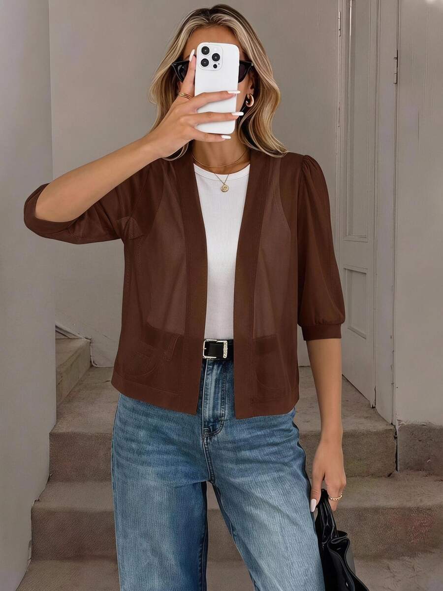 Easowa Solid Open Front Jacket In Summer,Casual Office Coffee Brown - Coffee Brown - View 1