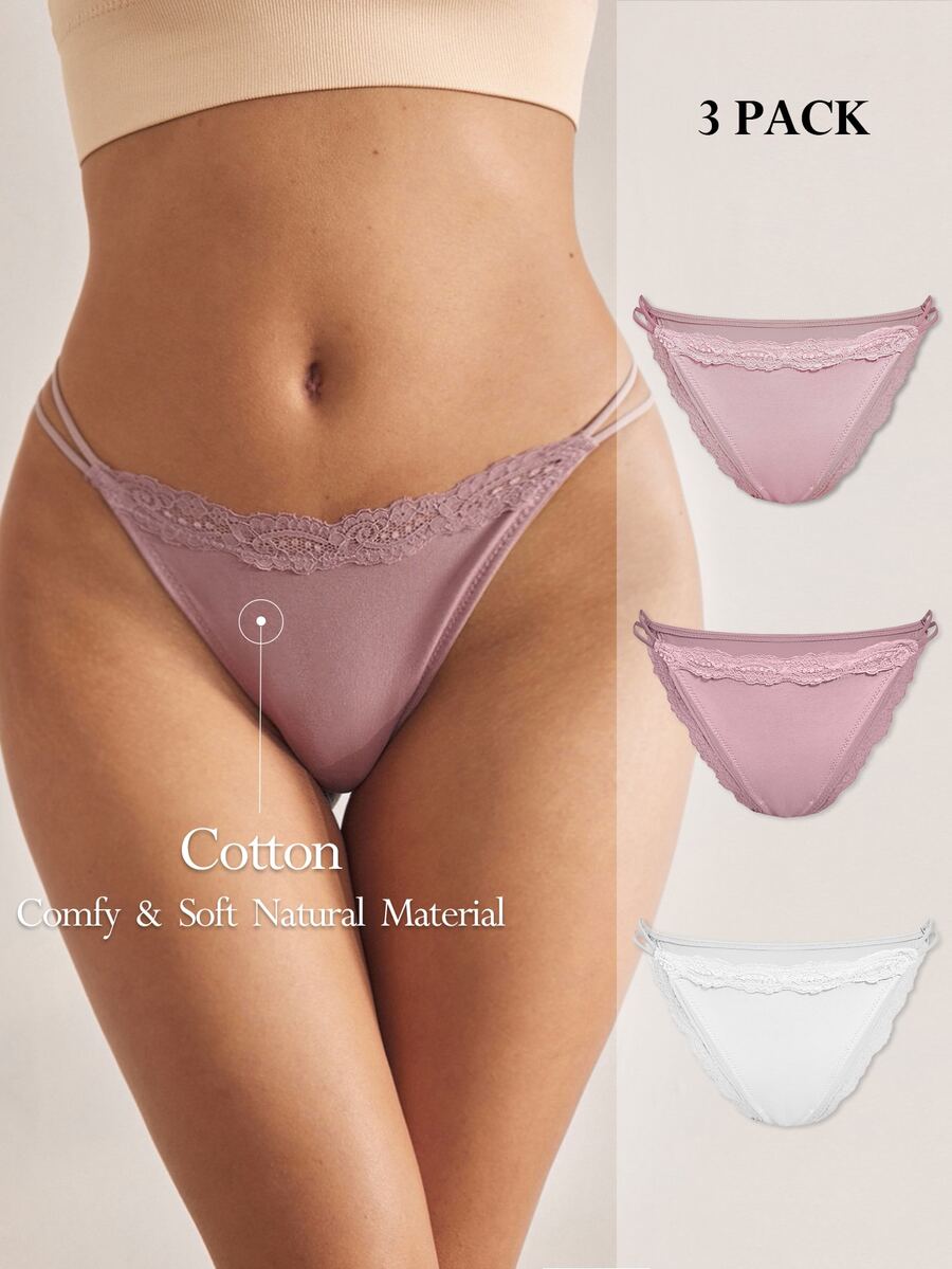 Ocili 3 件装多色 100% 纯棉舒适简约双面蕾丝边弹力女士内裤,时尚秋季 - 彩色 - 查看 1