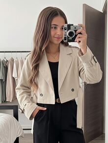 SHEIN Serisse Kids 青少年女孩秋冬休閒優雅雙排扣收腰短款外套夾克，返校與外出穿搭 - 卡其色 - 查看 5