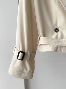SHEIN Serisse Kids 青少年女孩秋冬休閒優雅雙排扣收腰短款外套夾克，返校與外出穿搭 - 卡其色 - 查看 7