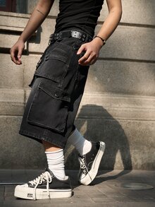 Manfinity EMRG Men's Pocketed Button Casual Cargo Capri Wide Leg Jeans, Versatile For Commuting And Outings - Black - View 7