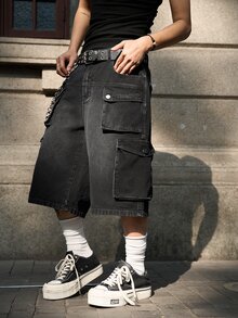 Manfinity EMRG Men's Pocketed Button Casual Cargo Capri Wide Leg Jeans, Versatile For Commuting And Outings - Black - View 8