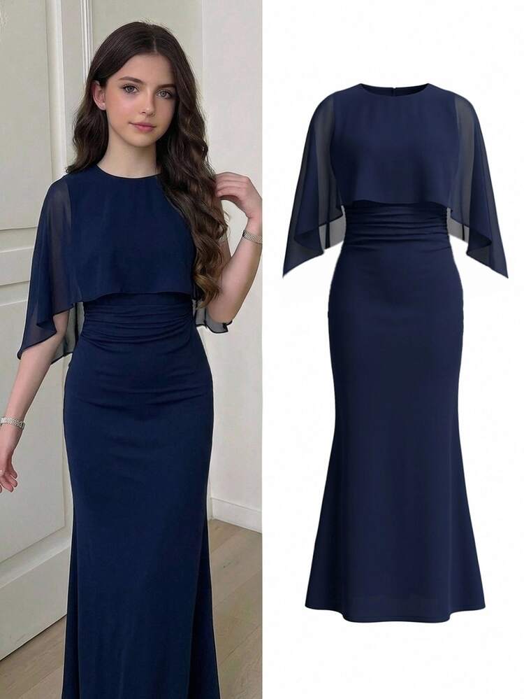 SHEIN Pitira Teen Girls Partywear Navy Blue Elegant Fitted Formal Dress Wedding Winter,Fall,Back To School ,Party - Navy Blue - View 4