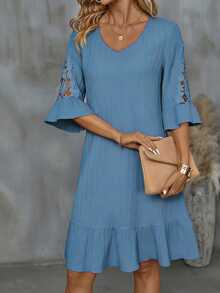 Louniche Women's Textured 3D Floral Ruffle Sleeve V-Neck Casual Elegant Dress - Baby Blue - View 5