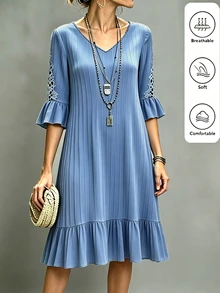 Louniche Women's Textured 3D Floral Ruffle Sleeve V-Neck Casual Elegant Dress - Baby Blue - View 3