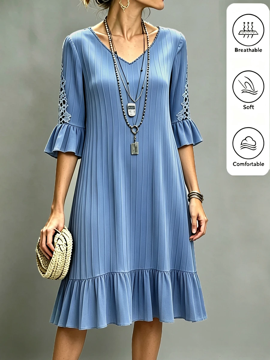 SHEIN LUNE Women's Textured 3D Floral Ruffle Sleeve V-Neck Casual Elegant Dress - Baby Blue - View 1