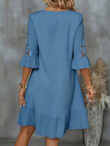 Louniche Women's Textured 3D Floral Ruffle Sleeve V-Neck Casual Elegant Dress - Baby Blue - View 2