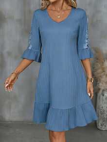 Louniche Women's Textured 3D Floral Ruffle Sleeve V-Neck Casual Elegant Dress - Baby Blue - View 7