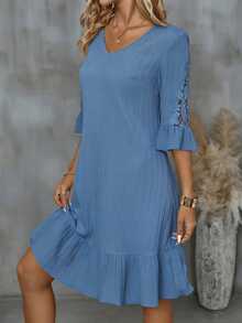 Louniche Women's Textured 3D Floral Ruffle Sleeve V-Neck Casual Elegant Dress - Baby Blue - View 8