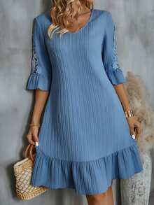 Louniche Women's Textured 3D Floral Ruffle Sleeve V-Neck Casual Elegant Dress - Baby Blue - View 6