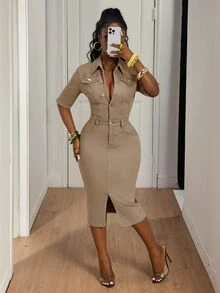 BriallanyX BriallanyX Women's Puff Sleeve Waisted Single-Breasted Half-Open Casual Chic Denim Midi Dress With Slit - Apricot - View 9