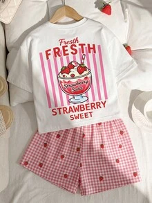 SHEIN 2pcs Baju Atasan Pullover Rajut Lembut Motif Stroberi untuk Anak Perempuan, Leher Bulat, Lengan Pendek, Bahu Longgar dan Celana Pendek Bergaris - Putih - View 3