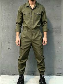Manfinity Homme Men's Army Green Casual Turn-Down Collar Single-Breasted Elastic Cuffed Outdoor Casual Commute Business Jumpsuit And Overalls - Army Green - View 1