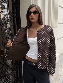 Aloruh 極簡復古休閒通勤女款棕色與白色波點圓領口袋棉墊外套，適合日間旅行與夜晚冬季穿著 - 棕色 - 查看 6
