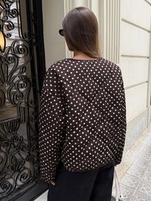 Aloruh 極簡復古休閒通勤女款棕色與白色波點圓領口袋棉墊外套，適合日間旅行與夜晚冬季穿著 - 棕色 - 查看 5