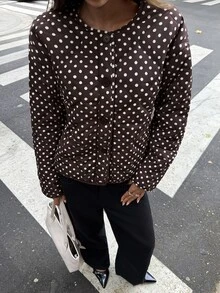 Aloruh 極簡復古休閒通勤女款棕色與白色波點圓領口袋棉墊外套，適合日間旅行與夜晚冬季穿著 - 棕色 - 查看 4